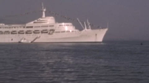SS Canberra Ocean Liner Anchored During Mediterranean Cruise 1960s Stock Footage 337008827