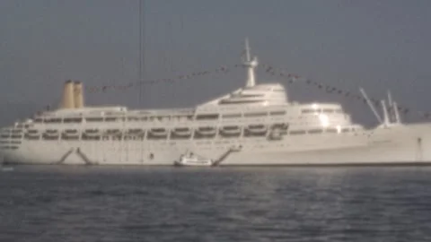 SS Canberra Ocean Liner Anchored in the Mediterranean 1960s Stock Footage 337017237