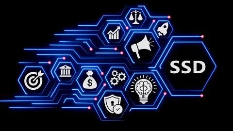 Ssd acronym inside a hexagon surrounded by business tech symbols. Stock Illustration