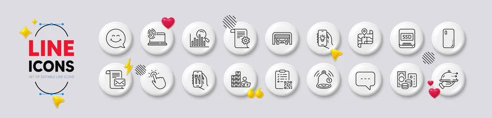 Ssd, Inventory and Map line icons. For web app, printing. White buttons 3d icons Illustrazione stock