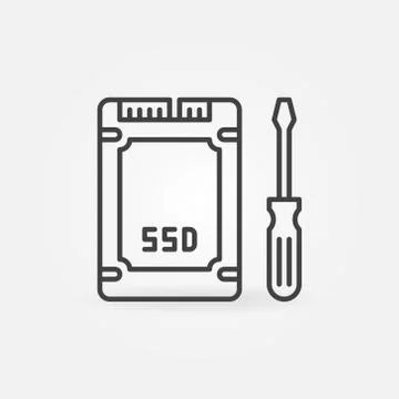 SSD with Screwdriver outline icon. Vector Drive Repair sign Illustrazione stock