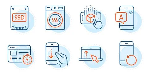 Ssd, Scroll down and Recovery phone icons set. Swipe up, Web timer and Ab Illustrazione stock
