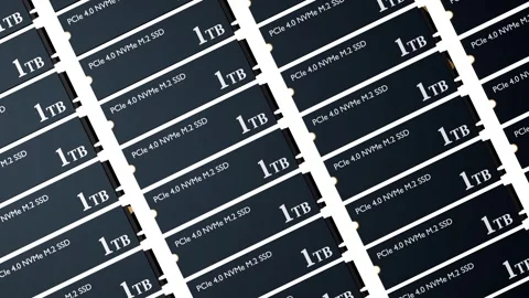 SSDMultiple identical PCIe 4.0 NVMe M.2 SSDs or Solid State Drives Stock Footage 323588264