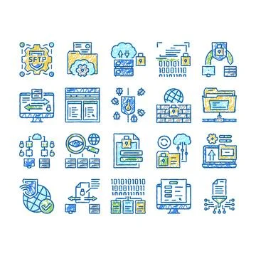 Ssh, Sftp File Transfer Protocol Icons hand drawn Stock Illustration