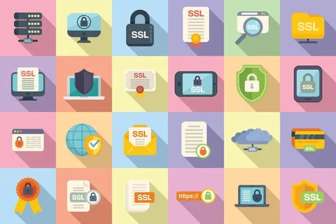 SSL certificate icons set flat vector. Ssl security Ilustración de archivo