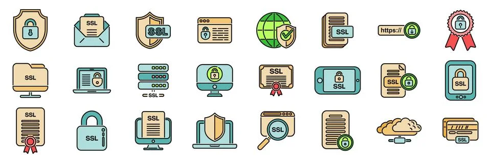 SSL certificate icons set vector color line Stock-Illustration