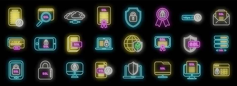 SSL certificate icons set vector neon Ilustración de archivo