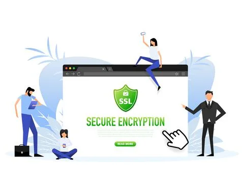 SSL encryption label. Flat people. Secure banner. Vector illustration Stock Illustration
