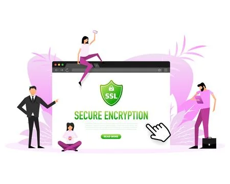 SSL encryption label. Flat people. Secure banner. Vector illustration Stock Illustration
