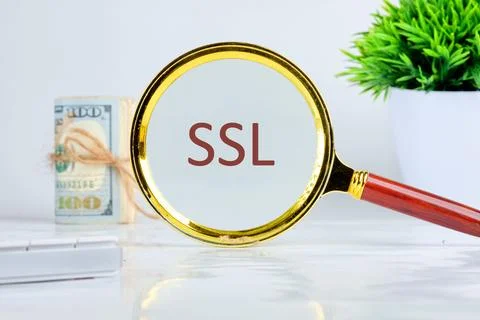 SSL Secure Sockets Layer through a magnifying glass on a gray background, a r Foto stock
