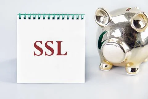 SSL Secure Sockets Layer on a white notebook on a gray background near a pigg Stock-Fotos