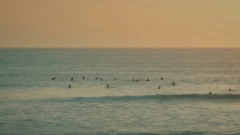 S+Surfers floating and bathing in the calm blue ocean. Stock Footage 285735513
