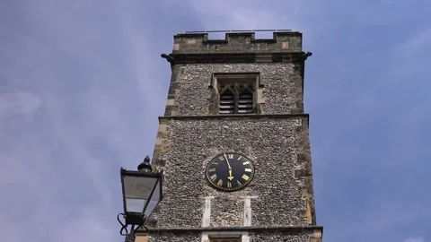 St Albans Clock Tower Facade and Dial on Clear Summer Day Stock Footage 345011577