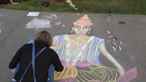 St. Albert Alberta Canada - August 2017: Sidewalk Chalk Artist Stock Footage 114947152