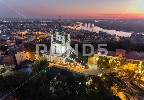 St. Andrew's Church (Kiev) Ukraine. Cityscape from a height. Stock Photos