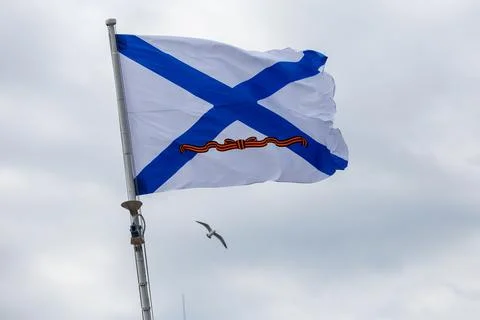 The St. Andrew's flag develops against the background of the sky and a flying se Foto stock