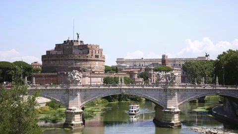 St. Angelo bridge to Castel Sant Angelo on Tiber river Historic landmark in Rome Stock Footage 222022706