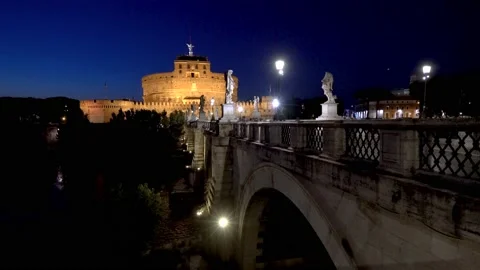 St. Angelo Bridge with Castel Sant'Angelo at night Stock Footage 159167048