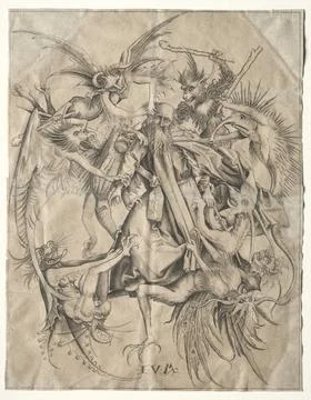 St. Anthony Tormented by the Devils, 1475-1500. Master FVB (German). Engravin Stock Illustration