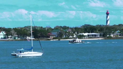 ST Augustine Docks With Lighthouse and Boasts Driving By CLOSE UP Stock Footage 171985652
