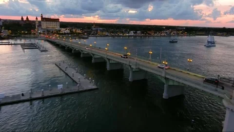 St Augustine FL Lion Bridge Sunset Aerial Side View Stock Footage 248391263