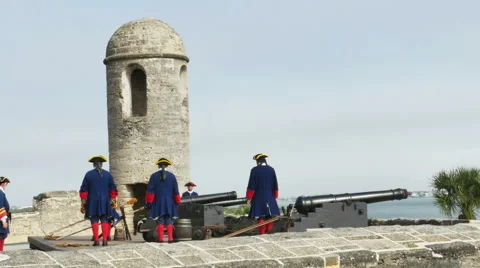 St Augustine FL - Reenactment of Cannon Being Fired Part TWO Stock Footage 61538373