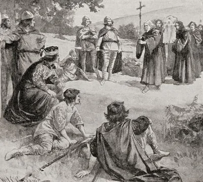 St. Augustine meets King Ethelbert for the first time.  Augustine led the Gregor 스톡 일러스트