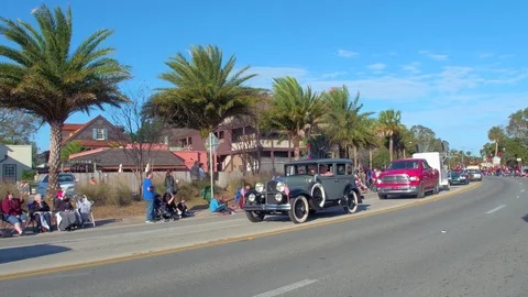 St Augustine Parade Antique convertible car and ford model t Stock Footage 70590966
