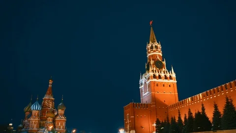 St Basil Cathedral, Kremlin chimes, Kremlin wall, mausoleum, flag, panorama Stock Footage 102903208