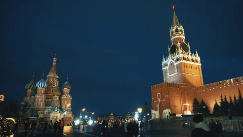 St Basil Cathedral, Kremlin chimes, Kremlin wall, mausoleum, flag, panorama Stock Footage 103055104