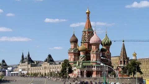 St. Basil's Cathedral against blue sky. Vasilievsky descent. Stock Footage 113606090