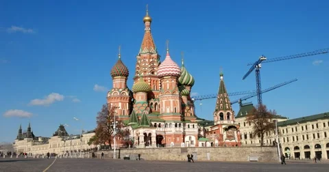 St. Basil's Cathedral in Moscow Kremlin. Construction cranes Stock Footage 68914780