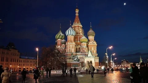 St. Basil's Cathedral on the Red Square in Moscow, Russia at night Stock Footage 74364225