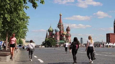 St. Basil's Cathedral on Red Square, people walk on a summer sunny day. Stock Footage 134140001