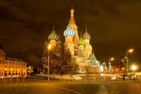 St. Basil's Cathedral on Red Square at night. Stock Photos
