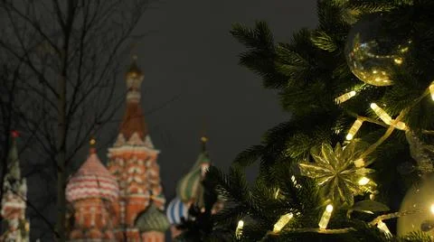 St. Basil's Cathedral on Red Square against the backdrop of Christmas Stock Photos