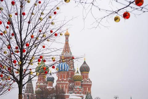 St. Basil’s Cathedral on Red Square in Moscow in winter Stock Photos