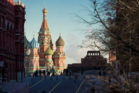 St. Basil's Cathedral, view between the Mausoleum and the Historical Museum Stock Footage 151001600