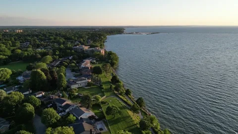 St Catharines Lakeshore North End Lake Ontario Aerial Sunset Stock Footage 322209309