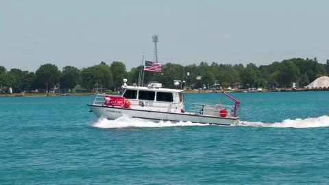 St Clair County Sheriff Dive Team Boat with Flashing Blue Lights, St Clair River Stock Footage 343792228