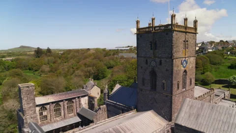 St Davids Cathedral aerial view revealing landscape Stock Footage 336810039