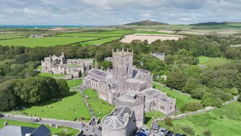 St Davids Cathedral from a drone, St Davids, Haverfordwest, Pembrokeshire, Wales Video stock 249294143