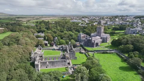 St Davids Cathedral from a drone, St Davids, Haverfordwest, Pembrokeshire, Wales Stock-Footage 249294162