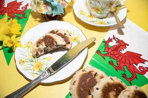 St davids  day  wales  welsh  cakes  bunting  vintage  tradition Stock Photos