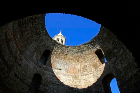 St Dujam belfry viewed through the Vestibul, entrance to the living quarters  Stock Photos