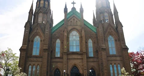St Dunstan's Basilica facade with twin spires - Charlottetown, PE, Canada Video stock 328786430