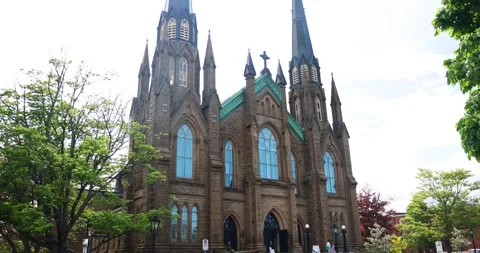 St Dunstan's Basilica facade with twin spires - Charlottetown, PE, Canada Video stock 328786490