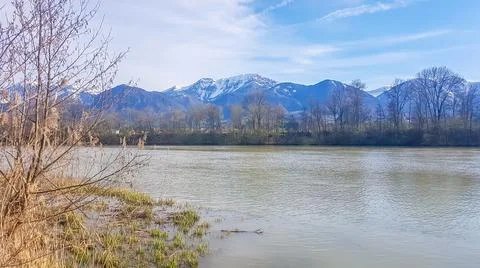 St Egyden - A view on a river with a mountains in the back Stock Photos