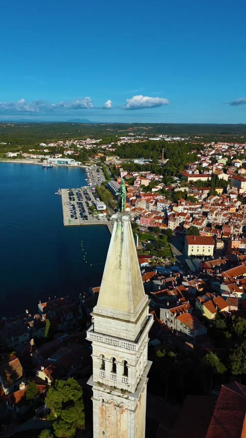 St. Euphemia church bell tower revealing rovinj cityscape Stock Footage 336472839