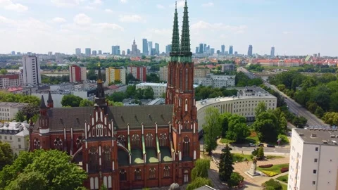 St. Florian's Cathedral meets Warsaw's skyscrapers, contrast from above Stock Footage 282695688